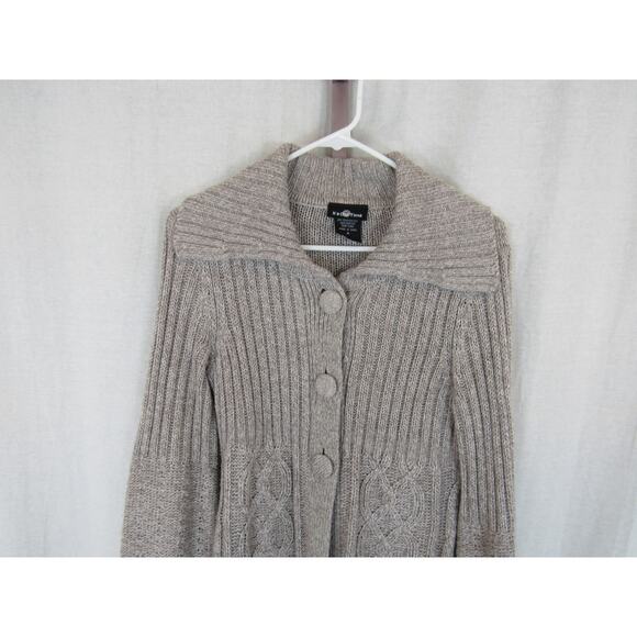 It's Our Time Medium Cable Knit Cardigan Collared Open Front Oatmeal Sweater - Picture 4 of 7